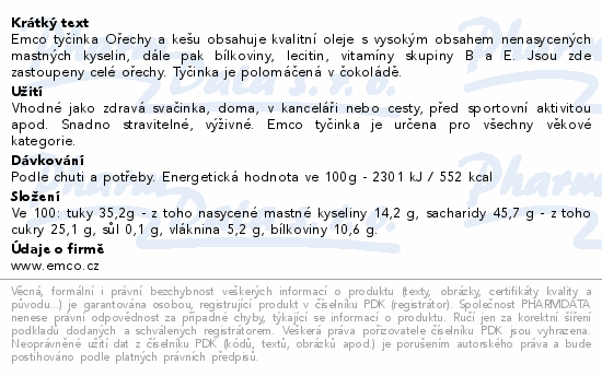 Emco tyčinka Ořechy a kešu obsahuje kvalitní oleje s vysokým obsahem nenasycených mastných kyselin, dále pak bílkoviny, lecitin, vitamíny skupiny B a E. Jsou zde zastoupeny celé ořechy. Tyčinka je polomáčená v čokoládě.