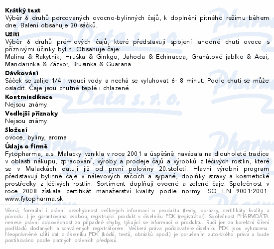 Výběr 6 druhů porcovaných ovocno-bylinných čajů, k doplnění pitného režimu během dne. Balení obsahuje 30 sáčků.