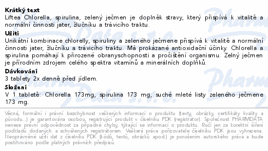 Liftea Chlorella, spirulina, zelený ječmen je doplněk stravy, který přispívá k vitalitě a normální činnosti jater, žlučníku a trávicího traktu.