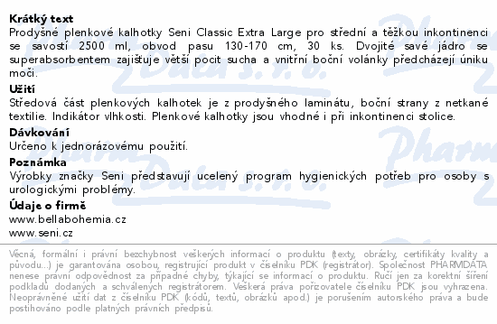 Prodyšné plenkové kalhotky Seni Classic Extra Large pro střední a těžkou inkontinenci se savostí 2500 ml, obvod pasu 130-170 cm, 30 ks. Dvojité savé jádro se superabsorbentem zajišťuje větší pocit sucha a vnitřní boční volánky předcházejí úniku moči.