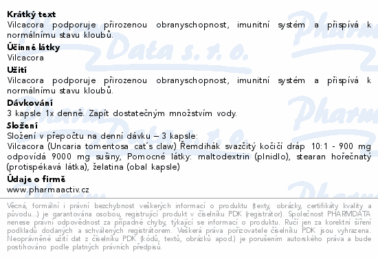 Vilcacora podporuje přirozenou obranyschopnost, imunitní systém a přispívá k normálnímu stavu kloubů.