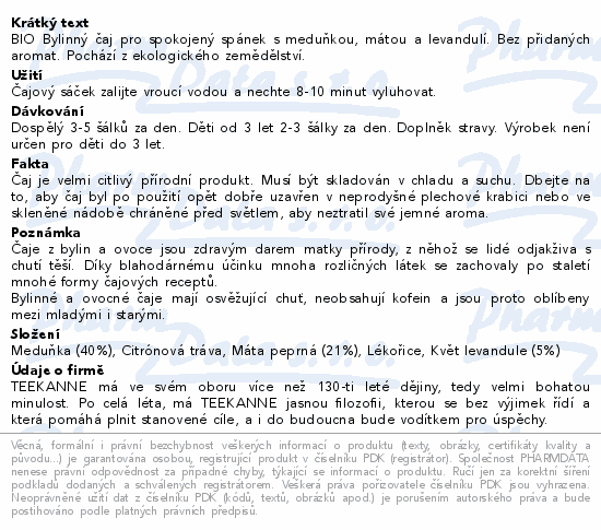 BIO Bylinný čaj pro spokojený spánek s meduňkou, mátou a levandulí. Bez přidaných aromat. Pochází z ekologického zemědělství.