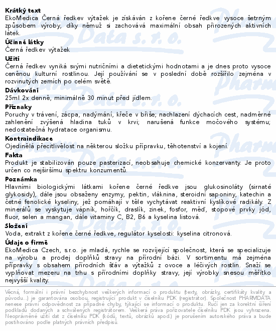 EkoMedica Černá ředkev výtažek je získáván z kořene černé ředkve vysoce šetrným způsobem výroby, díky němuž si zachovává maximální obsah přirozených aktivních látek.