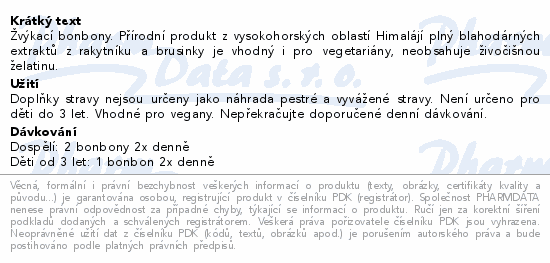 Žvýkací bonbony. Přírodní produkt z vysokohorských oblastí Himalájí plný blahodárných extraktů z rakytníku a brusinky je vhodný i pro vegetariány, neobsahuje živočišnou želatinu.