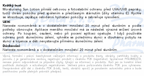 Moisturising Sun Lotion přináší celkovou a fotostabilní ochranu před UVA/UVB paprsky, tudíž chrání pokožku před spálením a předčasným stárnutím (díky vitamínu E). Rychle se absorbuje, zajišťuje celodenní hydrataci pokožky a zabraňuje vysoušení.