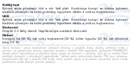 Bylinná směs přinášející klid a mír Vaší pleti. Kombinuje konopí se dvěma bylinami tradičně užívanými na kožní problémy lopuchem větším a violkou trojbarevnou.