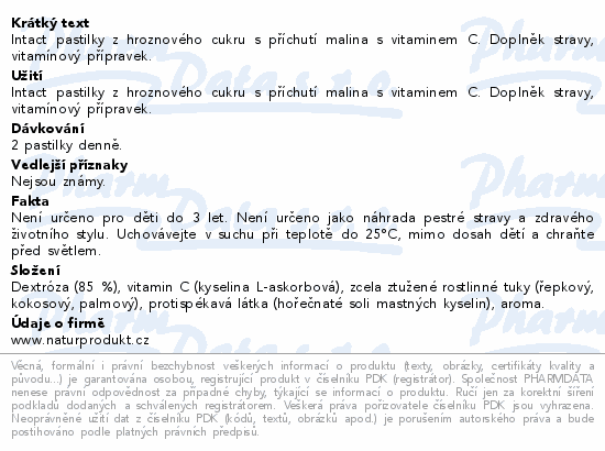 Intact pastilky z hroznového cukru s příchutí malina s vitaminem C. Doplněk stravy, vitamínový přípravek.
