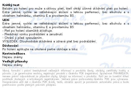 Balzám po holení pro muže s citlivou pletí, kteří chtějí účinné zklidnění pleti po holení. Extra jemné, rychle se vstřebávající složení s lehkou parfemací, bez alkoholu a s obsahem heřmánku, vitamínu E a provitamínu B5.