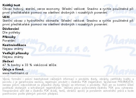 Obvaz hotový, sterilní, verze economy. Střední velikost. Snadno a rychle použitelné při první předlékařské pomoci na ošetření drobných i rozsáhlých poranění.