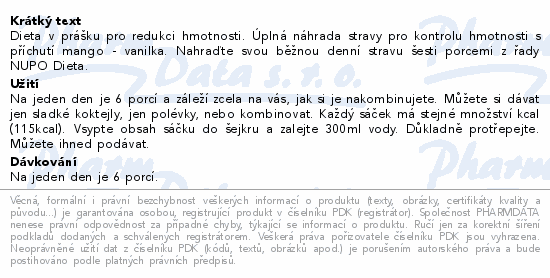 Dieta v prášku pro redukci hmotnosti. Úplná náhrada stravy pro kontrolu hmotnosti s příchutí mango - vanilka. Nahraďte svou běžnou denní stravu šesti porcemi z řady NUPO Dieta.