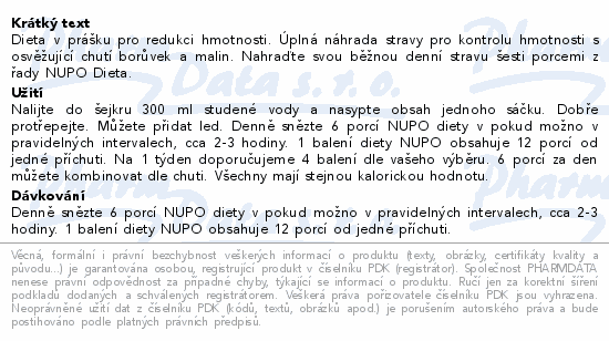 Dieta v prášku pro redukci hmotnosti. Úplná náhrada stravy pro kontrolu hmotnosti s osvěžující chutí borůvek a malin. Nahraďte svou běžnou denní stravu šesti porcemi z řady NUPO Dieta.