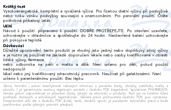 Vysokoenergetická, kompletní a vyvážená výživa. Pro řízenou dietní výživu při podvýživě nebo riziku vzniku podvýživy související s onemocněním. Pro perorální použití. Čtěte pozorně příbalový leták.