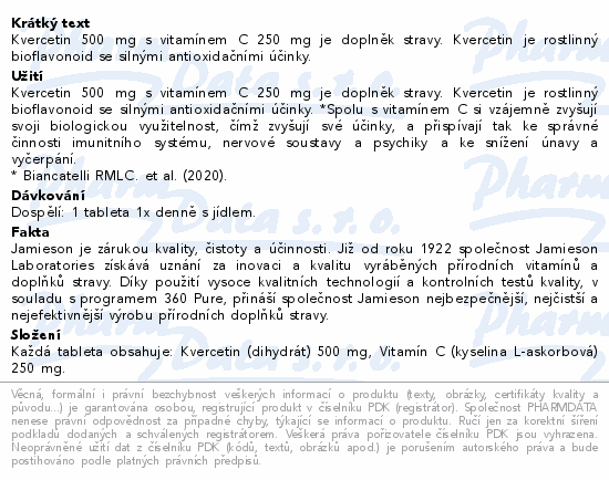 Kvercetin 500 mg s vitamínem C 250 mg je doplněk stravy. Kvercetin je rostlinný bioflavonoid se silnými antioxidačními účinky.