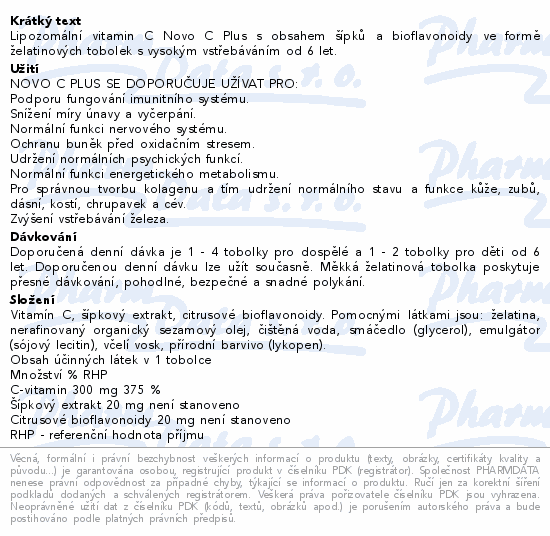 Lipozomální vitamin C Novo C Plus s obsahem šípků a bioflavonoidy ve formě želatinových tobolek s vysokým vstřebáváním od 6 let.