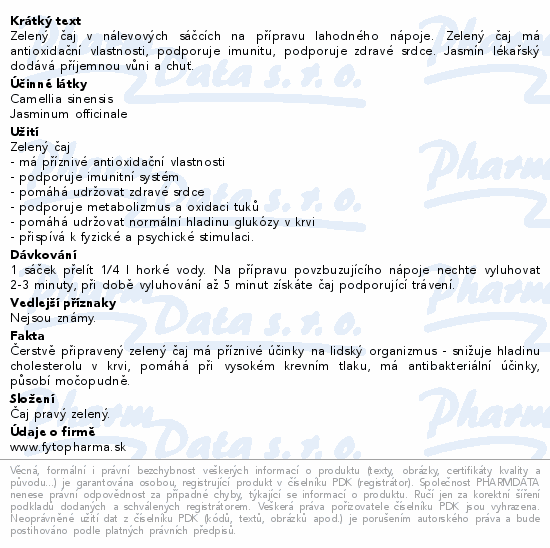 Zelený čaj v nálevových sáčcích na přípravu lahodného nápoje. Zelený čaj má antioxidační vlastnosti, podporuje imunitu, podporuje zdravé srdce. Jasmín lékařský dodává příjemnou vůni a chuť.