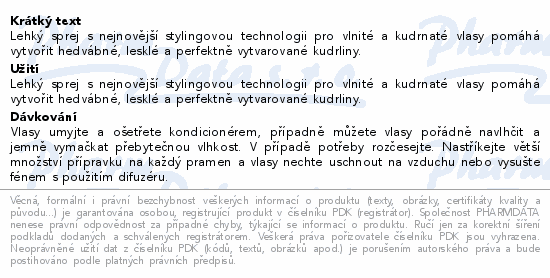 Lehký sprej s nejnovější stylingovou technologii pro vlnité a kudrnaté vlasy pomáhá vytvořit hedvábné, lesklé a perfektně vytvarované kudrliny.