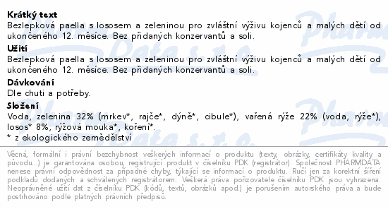Bezlepková paella s lososem a zeleninou pro zvláštní výživu kojenců a malých dětí od ukončeného 12. měsíce. Bez přidaných konzervantů a soli.