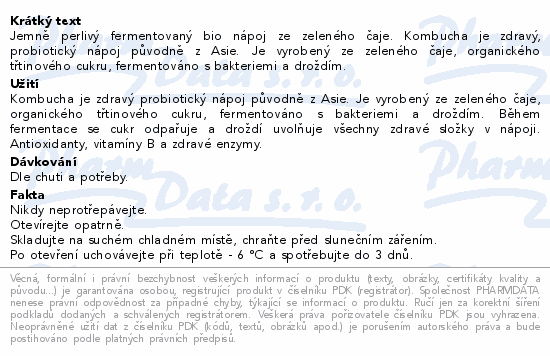 Jemně perlivý fermentovaný bio nápoj ze zeleného čaje. Kombucha je zdravý, probiotický nápoj původně z Asie. Je vyrobený ze zeleného čaje, organického třtinového cukru, fermentováno s bakteriemi a droždím.
