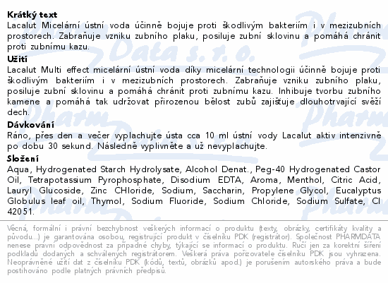 Lacalut Micelární ústní voda účinně bojuje proti škodlivým bakteriím i v mezizubních prostorech. Zabraňuje vzniku zubního plaku, posiluje zubní sklovinu a pomáhá chránit proti zubnímu kazu.