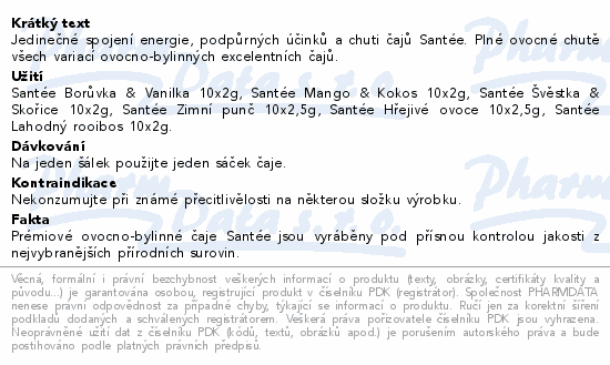 Jedinečné spojení energie, podpůrných účinků a chuti čajů Santée. Plné ovocné chutě všech variací ovocno-bylinných excelentních čajů.