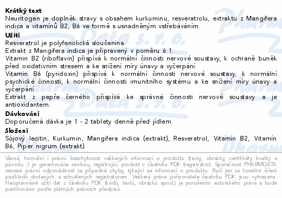 Neuritogen je doplněk stravy s obsahem kurkuminu, resveratrolu, extraktu z Mangifera indica a vitamínů B2, B6 ve formě s usnadněným vstřebáváním.