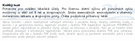 Potravina pro zvláštní lékařské účely. Pro řízenou dietní výživu při poruchách cyklu močoviny u  dětí od 8 let a dospívajících. Směs esenciálních aminokyselin s vitaminy, minerálními látkami a stopovými prvky. Čtěte pozorně příbalový leták.