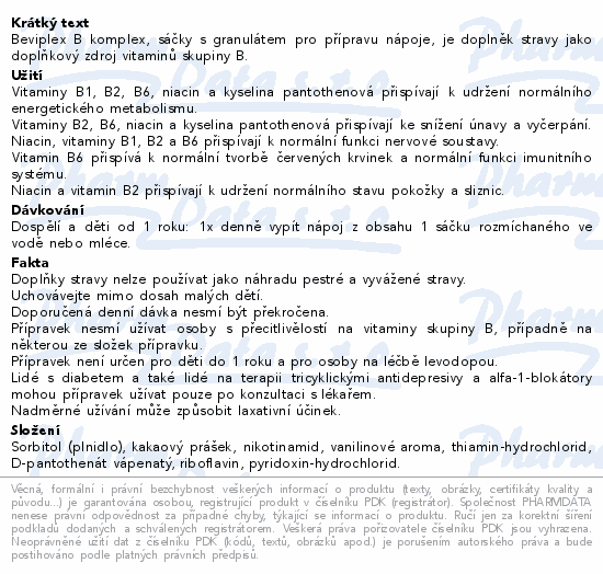 Beviplex B komplex, sáčky s granulátem pro přípravu nápoje, je doplněk stravy jako doplňkový zdroj vitaminů skupiny B.