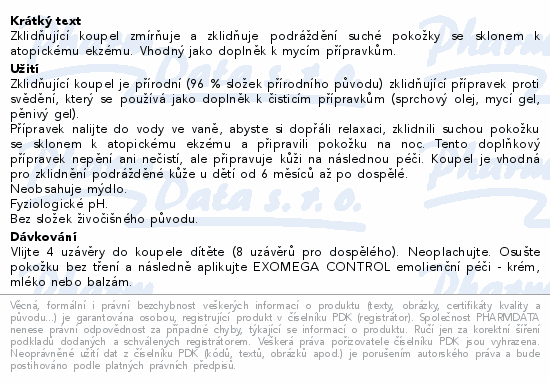 Zklidňující koupel zmírňuje a zklidňuje podráždění suché pokožky se sklonem k atopickému ekzému. Vhodný jako doplněk k mycím přípravkům.