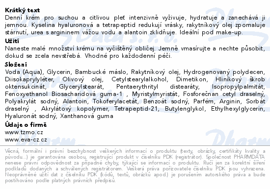 Denní krém pro suchou a citlivou pleť intenzivně vyživuje, hydratuje a zanechává ji jemnou. Kyselina hyaluronová a tetrapeptid redukují vrásky, rakytníkový olej zpomaluje stárnutí, urea s argininem vážou vodu a alantoin zklidňuje. Ideální pod make-up.