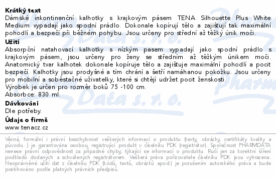 Dámské inkontinenční kalhotky s krajkovým pásem TENA Silhouette Plus White Medium vypadají jako spodní prádlo. Dokonale kopírují tělo a zajišťují tak maximální pohodlí a bezpečí při běžném pohybu. Jsou určeny pro střední až těžký únik moči.