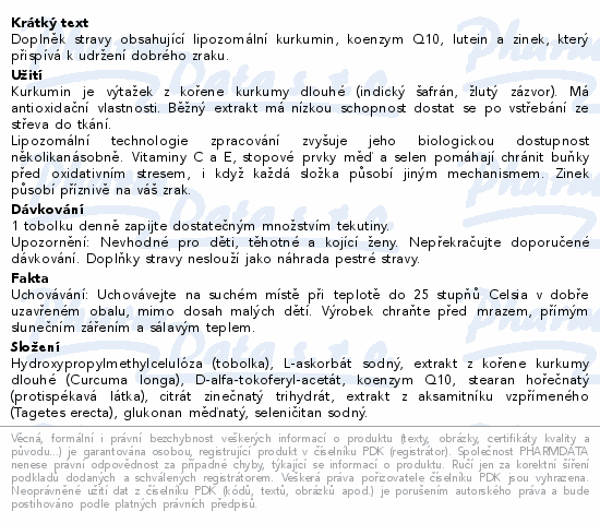 Doplněk stravy obsahující lipozomální kurkumin, koenzym Q10, lutein a zinek, který přispívá k udržení dobrého zraku.