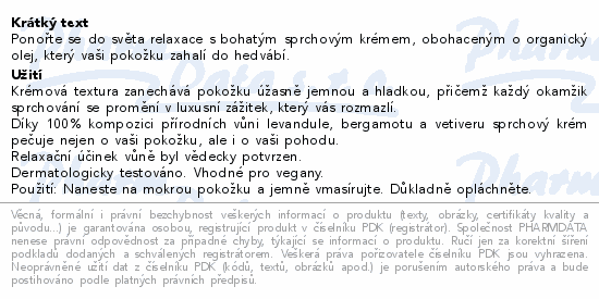Ponořte se do světa relaxace s bohatým sprchovým krémem, obohaceným o organický olej, který vaši pokožku zahalí do hedvábí.