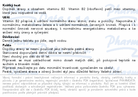 Doplněk stravy s obsahem vitaminu B2. Vitamin B2 (riboflavin) patří mezi vitaminy, které jsou rozpustné ve vodě.