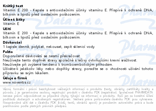 Vitamín E 200 - Kapsle s antioxidačními účinky vitamínu E. Přispívá k ochraně DNA, bílkovin a lipidů před oxidačním poškozením.
