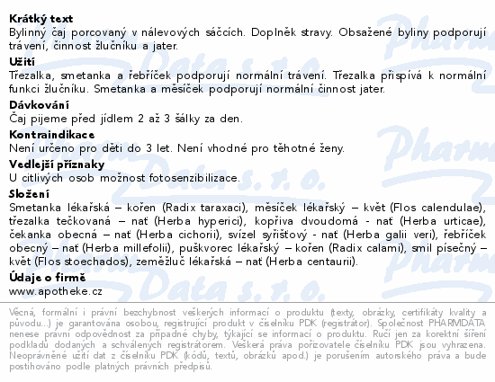 Bylinný čaj porcovaný v nálevových sáčcích. Doplněk stravy. Obsažené byliny podporují trávení, činnost žlučníku a jater.