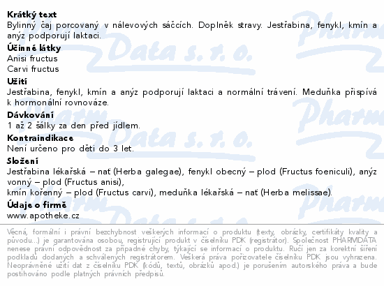 Bylinný čaj porcovaný v nálevových sáčcích. Doplněk stravy. Jestřabina, fenykl, kmín a anýz podporují laktaci.