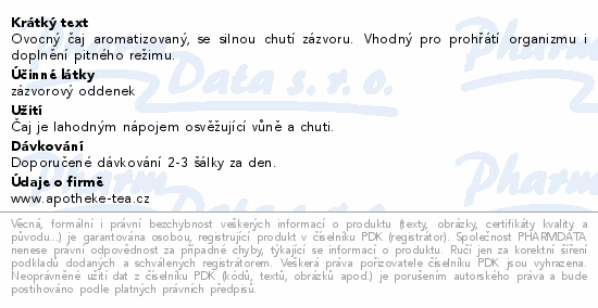 Ovocný čaj aromatizovaný, se silnou chutí zázvoru. Vhodný pro prohřátí organizmu i doplnění pitného režimu.