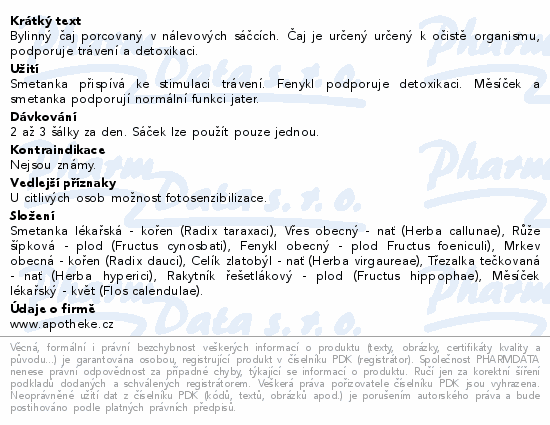 Bylinný čaj porcovaný v nálevových sáčcích. Čaj je určený určený k očistě organismu, podporuje trávení a detoxikaci.