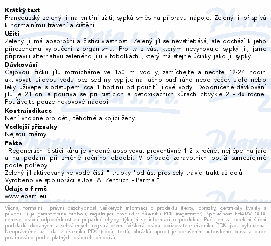 Francouzský zelený jíl na vnitřní užití, sypká směs na přípravu nápoje. Zelený jíl přispívá k normálnímu trávení a  čištění.