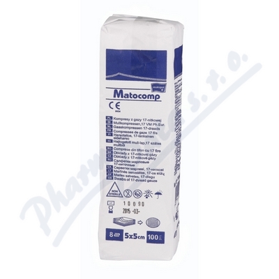 Matocomp komprese z gázy 5x5cm 100ks  KOMPRESY Z GÁZY NESTERILNÍ 5CMX5CM,8 VRSTEV,17 NITÍ,100KS