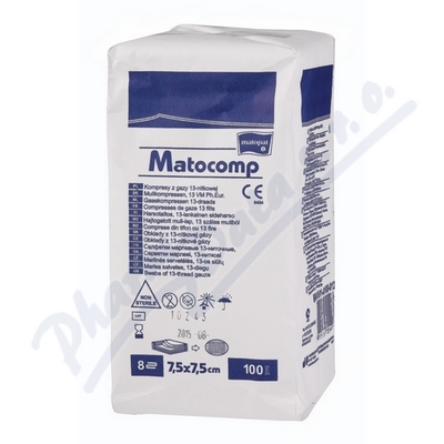 Matocomp komprese z gázy 7.5x7.5cm 100ks  KOMPRESY Z GÁZY NESTERILNÍ 7,5CMX7,5CM,8 VRSTEV,17 NITÍ,100KS
