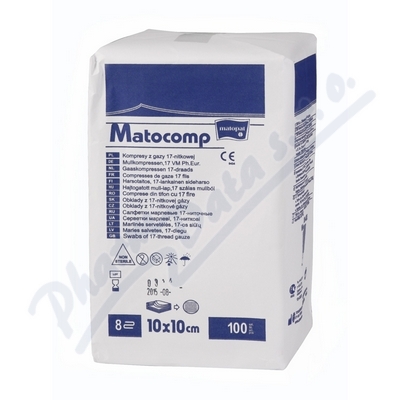 Matocomp komprese z gázy 10x10cm 100ks  KOMPRESY Z GÁZY NESTERILNÍ 10CMX10CM,8 VRSTEV,17 NITÍ,100KS
