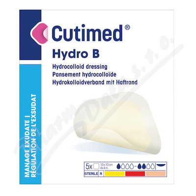 Cutimed Hydro B 10x10cm hydrokoloidní krytí 5ks  10CMX10CM HYDROKOLOIDNÍ KRYTÍ SE ZESÍLENOU POLYURETANOVOU VRSTVOU STERILNÍ 5KS