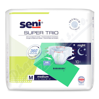 Seni Super Trio inkon.plen.kalh.s lepítky M 10ks  KALHOTKY ABSORPČNÍ PRODYŠNÉ VYSOKÁ SAVOST, BOKY 75-110CM, 3000ML,10KS