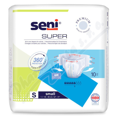 Seni Super inkon.plenkové kalhotky S 10ks  KALHOTKY ABSORPČNÍ PRODYŠNÉ DENNÍ, BOKY 55-80CM,1600ML,10KS