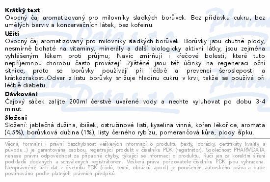 Ovocný čaj aromatizovaný pro milovníky sladkých borůvek. Bez přídavku cukru, bez umělých barviv a konzervačních látek, bez kofeinu.