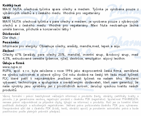 MAXI NUTA ořechová tyčinka spara ořechy a medem. Tyčinka je vyrobena pouze z výběrových ořechů a z českého medu. Vhodná pro vegetariány.