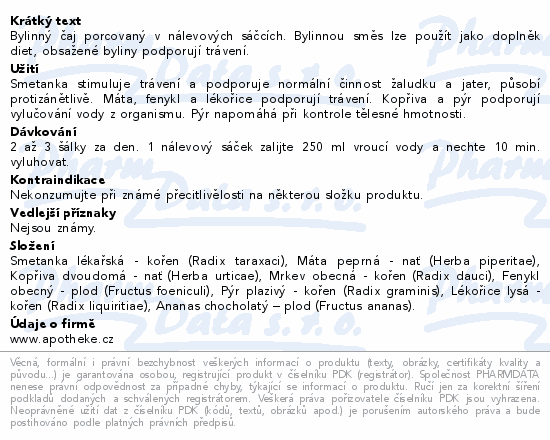 Bylinný čaj porcovaný v nálevových sáčcích. Bylinnou směs lze použít jako doplněk diet, obsažené byliny podporují trávení.