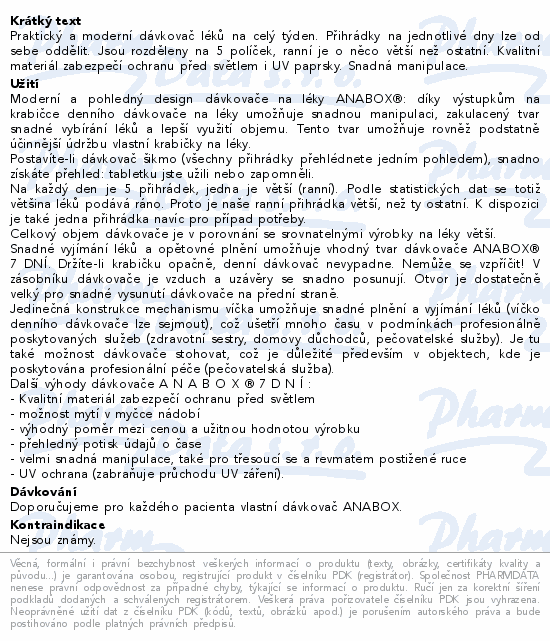 Praktický a moderní dávkovač léků na celý týden. Přihrádky na jednotlivé dny lze od sebe oddělit. Jsou rozděleny na 5 políček, ranní je o něco větší než ostatní. Kvalitní materiál zabezpečí ochranu před světlem i UV paprsky. Snadná manipulace.