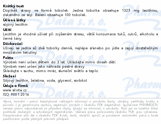 Doplněk stravy ve formě tobolek. Jedna tobolka obsahuje 1325 mg lecithinu, získaného ze sóji. Balení obsahuje 100 tobolek.